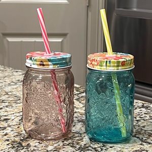 Pioneer Woman Set of 2 Teal & Pink 16oz Mason Jar Drinking Mugs With Straws